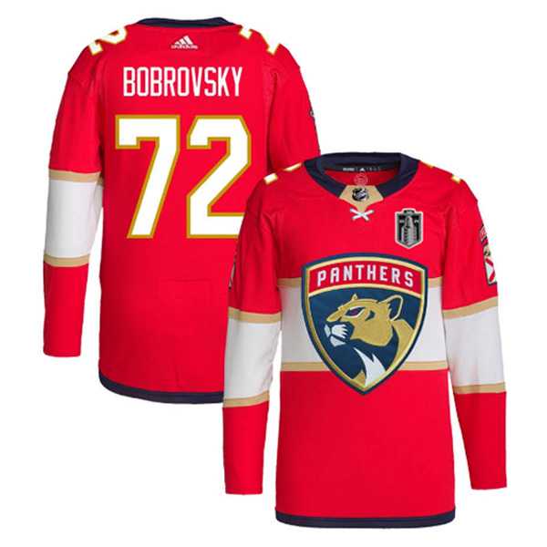 Men%27s Florida Panthers #72 Sergei Bobrovsky Red 2024 Stanley Cup Final Patch Stitched Jersey Dzhi